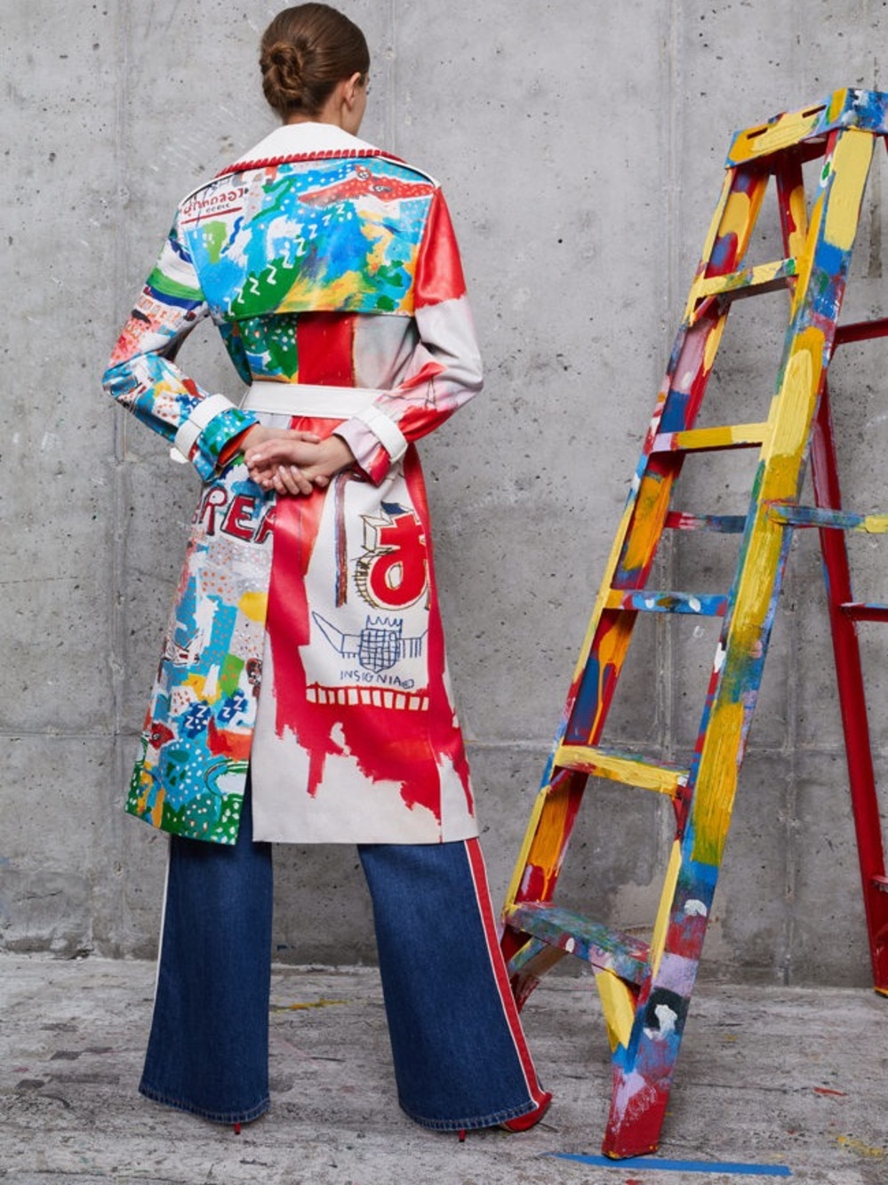 Alice + Olivia Jean Michel Basquiat Collab Vegan Leather Graffiti Trench Coat - Picture 2 of 12